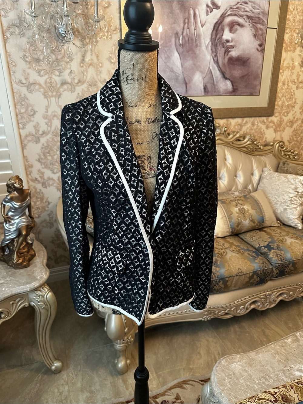 Kensie Black Blazer with White Trim and Geometric Pattern